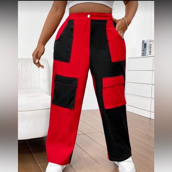 Flirla Plus Size Color Block Slanted Pocket Straight Leg Cargo Pants - Picture 3 of 9
